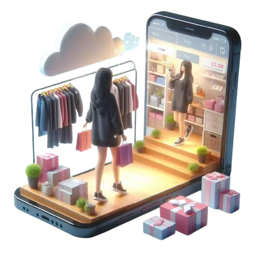 realistic 3D mockup of an online store inside a cellphone with a girl shopping removebg preview